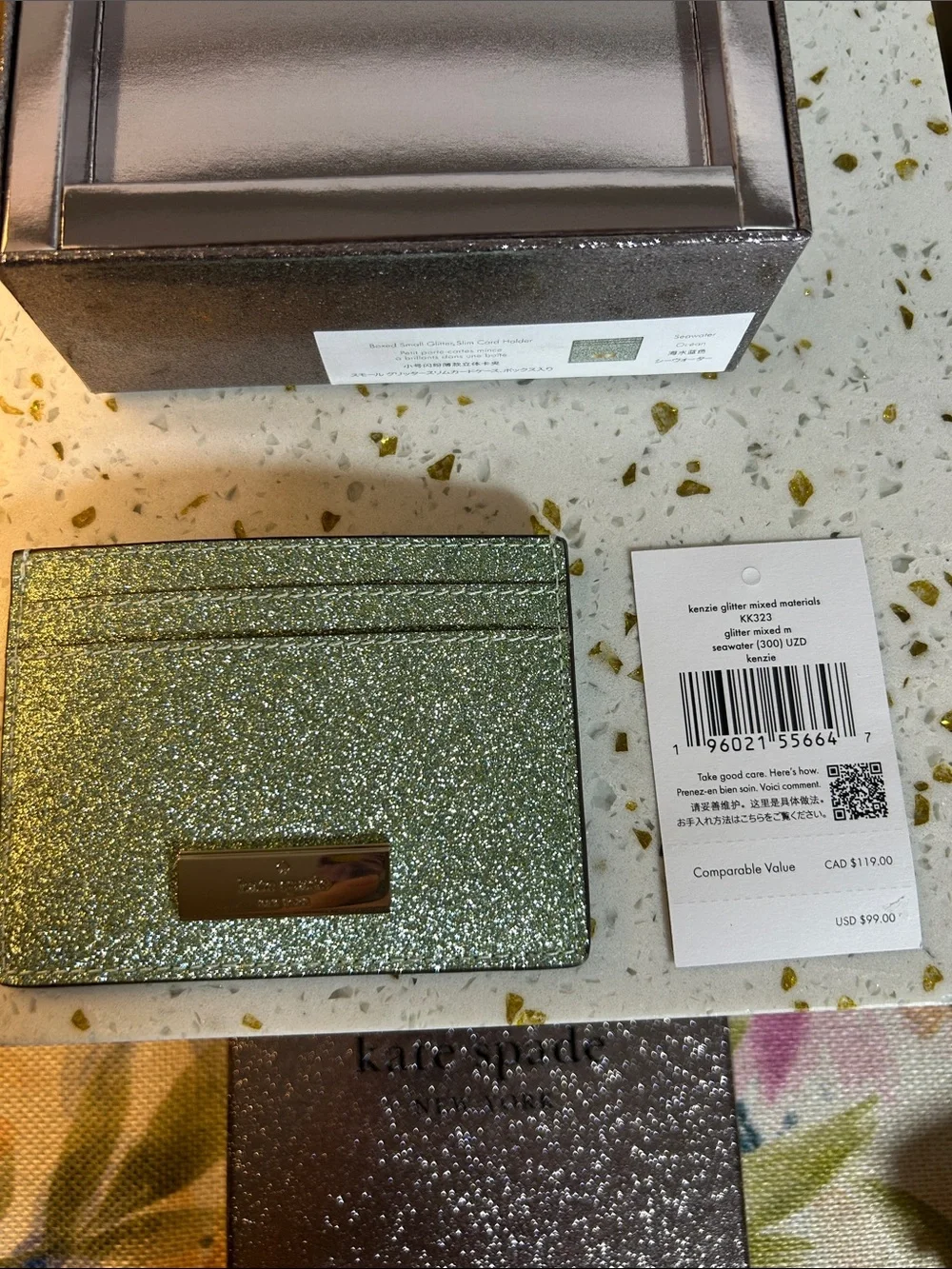 kate spade Mint Green Glitter Card Holder with Gold Plaque